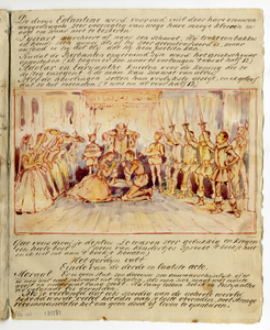 135581 Afbeelding van een pagina met een tekening van een scene uit de opera Euryanthe van Carl Maria von Weber, op 25 ...